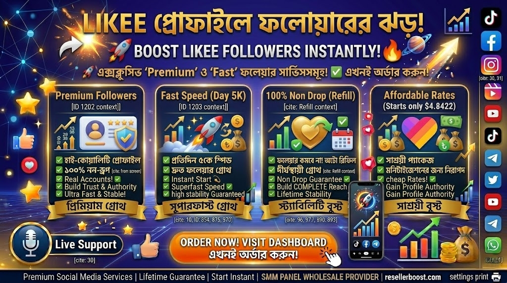 🚀 Likee প্রোফাইলে আনুন ফলোয়ারের ঝড়! 🌟 Become a Likee Star with Premium 'Likee Followers' on ResellerBoost